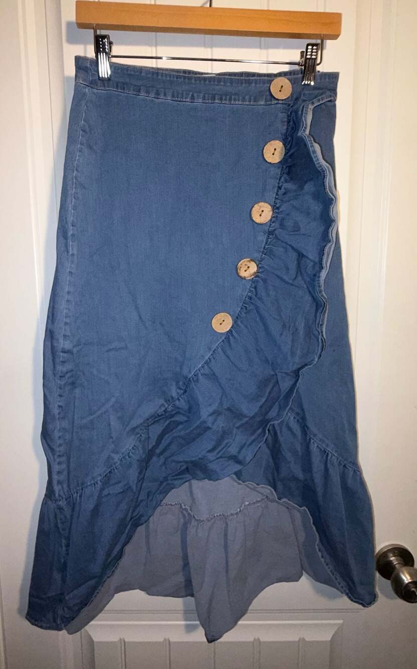 Lizette Collection Denim Asymmetrical Ruffle Button-Front Midi Skirt